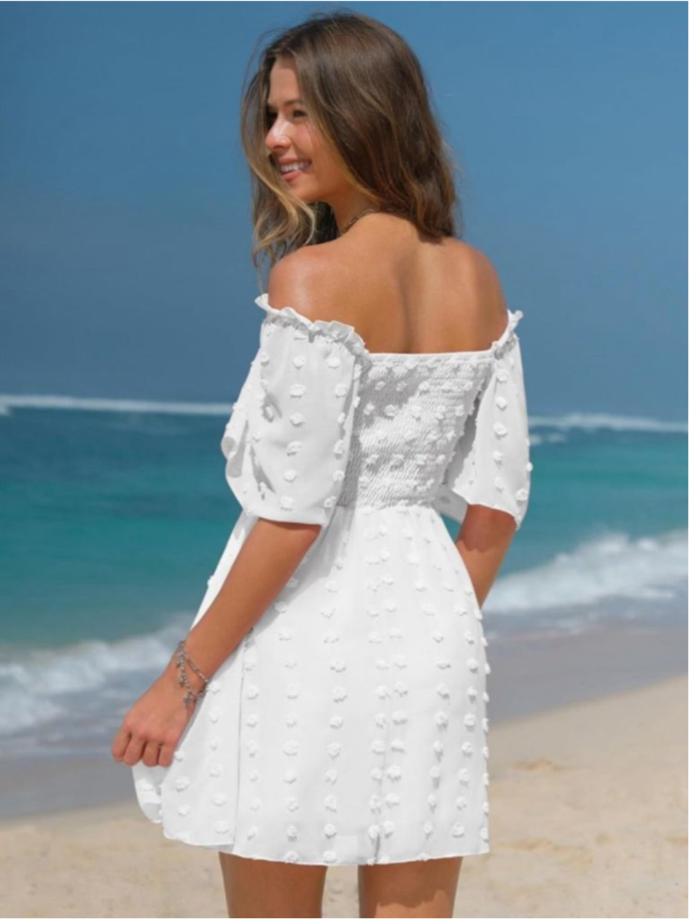 Women's EXLURA White Off-Shoulder Mini Dress, Size L - Picture 2 of 6